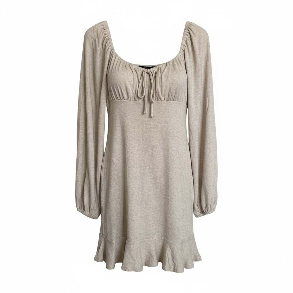 F21 Beige Knit Long Sleeve Tie-Front Mini Dress Ruffle Hem Milkmaid Coquette